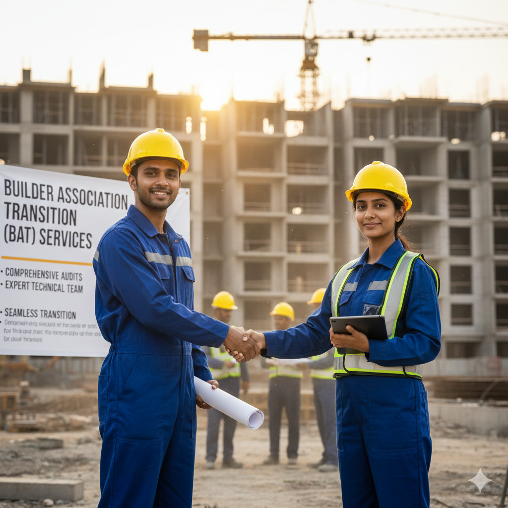 Engineers shaking hands on a construction site symbolizing a successful partnership.