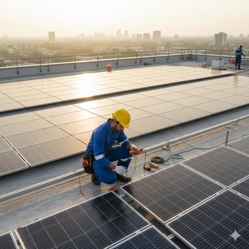 An engineer in a hard hat working on industrial electrical panels.