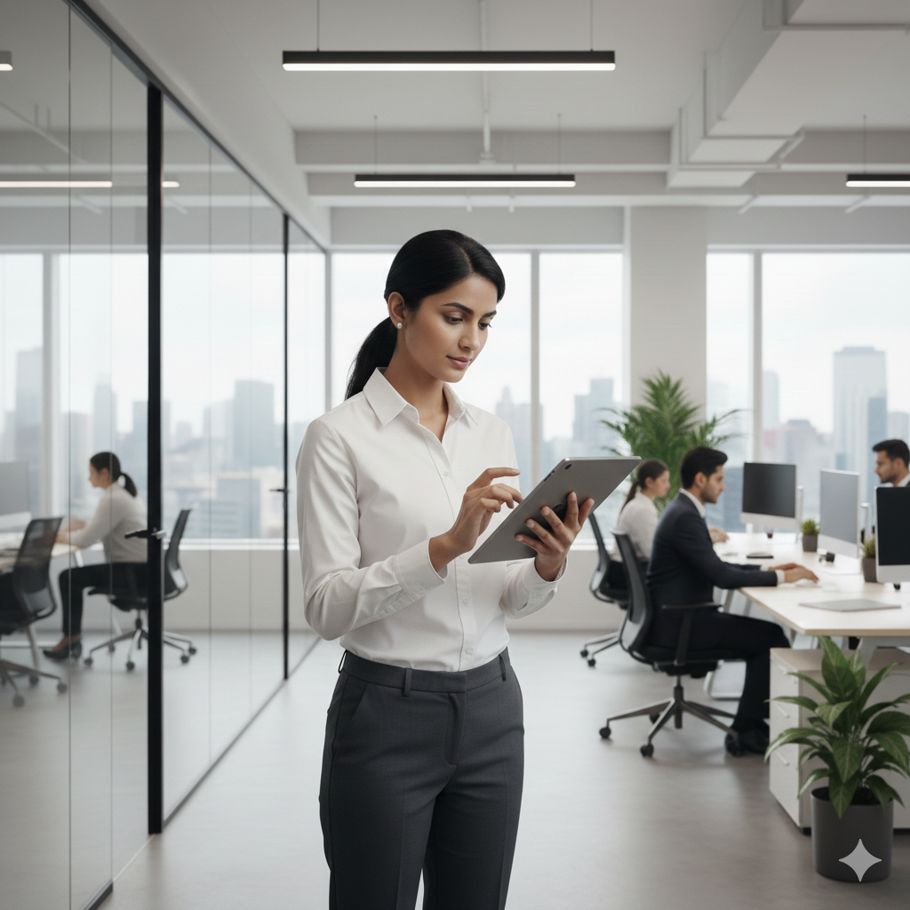 A businesswoman in a white shirt using a tablet in a modern corporate setting.