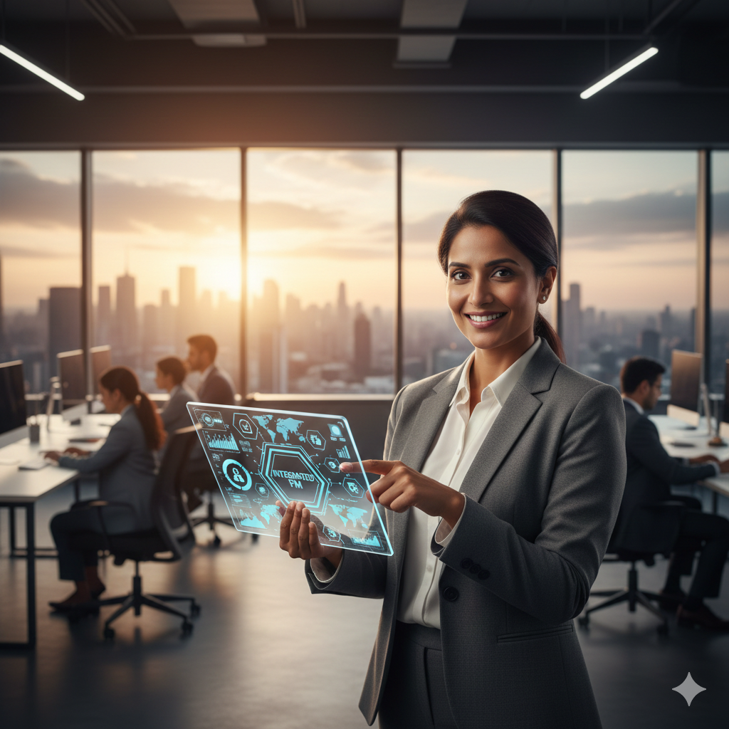 A facility manager in a modern office looking at a tablet with data visualizations.