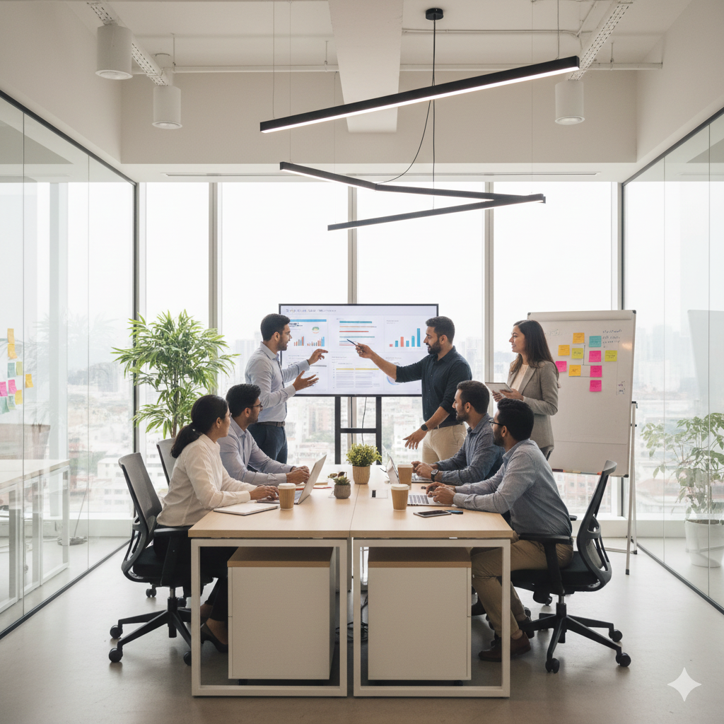 A diverse team collaborating in a bright modern office representing our company culture.