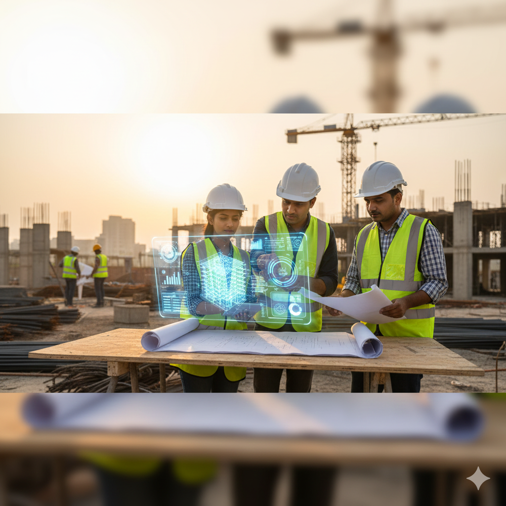 Architects reviewing blueprints on a construction site showcasing project management.