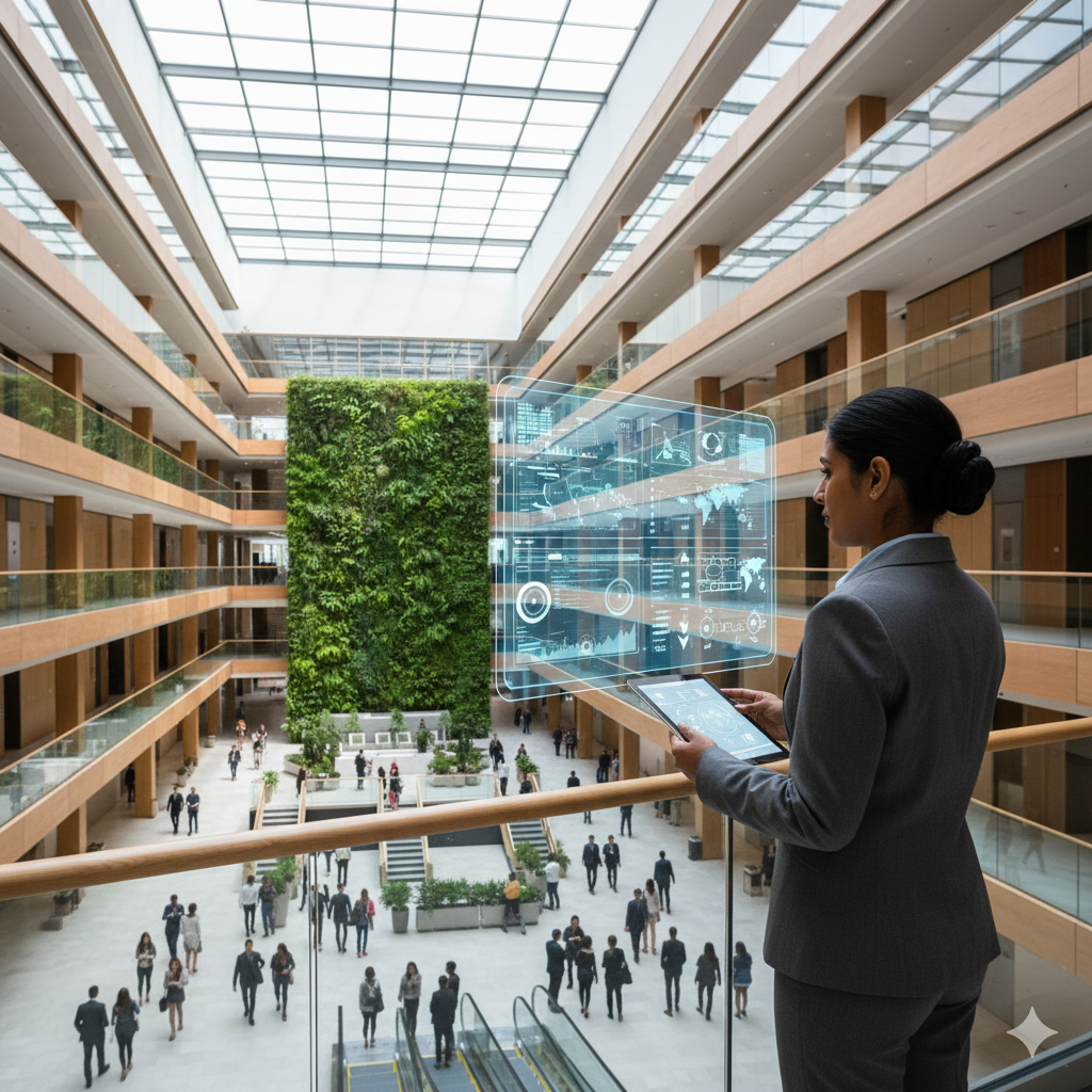 Facility manager with a tablet overlooking a modern building interior.
