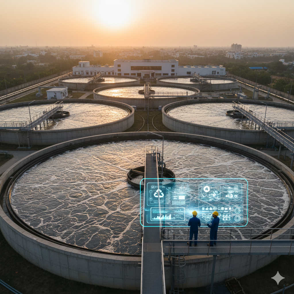 Large circular concrete basins of a sewage treatment plant.
